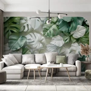 Removable Waterproof Home Wall Decoration White and Green Monstera Leaf Wallpaper Mural