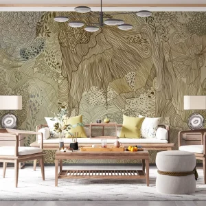 Removable Waterproof Living Room Bedroom Wall Covering Beige Line Leaf Vintage Abstract Wallpaper Mural