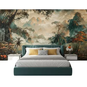 Removable Waterproof Paper Wall Decoration Tropical Plant River and Mountain Landscape Wallpaper Mural