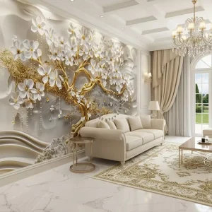Removable Waterproof Wall Paper Digital Printing Wallpaper Living Room Decor 3D White Flowers Golden Tree Embossed Wallpaper