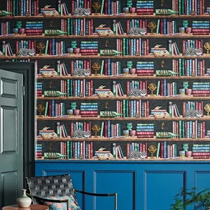 Retro Library Wallpaper Eco-friendly Removable Colorful Book Shelf Globe Biplane Wall Covering for Study Room Home Office Decor