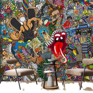Retro Pop Art Graffiti Mural Collage Style Modern Waterproof Moisture Proof Music Cafe Game Room Self Adhesive Mural Wallpaper