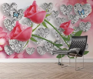 Romantic Rose Diamond Heart Wall Paper 3D Home Wallpaper Love Themed Mural for Interior Decoration