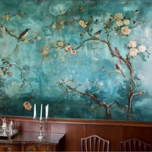 Rustic Aged Teal Blossom Bird Wallpaper Mural Antique Chinoiserie Inspired Wall Decor for Dining Room Living Room Removable