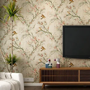 Rustic Gilded 3D Birds PVC Aluminum Film Self-Adhesive Wallpaper Peel and Stick Flowers Wall Covering for Home Decoration