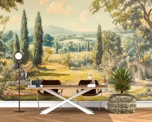 Rustic Italian Cypress Tree Scenery Mural Timeless Countryside Landscape Wallpaper for Elegant Home Interiors Oil Painting Style