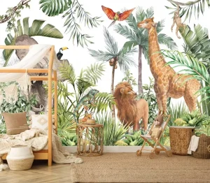 Safari Modern Waterproof Easy Hand Painted Elephants Giraffes Monkeys Lions Tropical Palm Trees Jungle Forest Bedroom Household