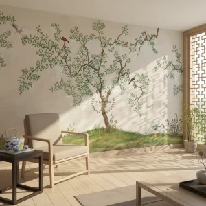 Self Adhesive 3D Waterproof Modern Bedroom & Living Room Wall Paper Beige Texture Spring Grass Bird Tree Scenery Wallpaper Mural