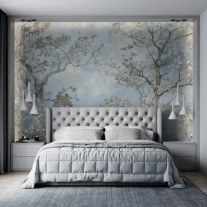 Self-Adhesive Eco-Friendly Paper Waterproof Home Wall Covering Vintage Light Blue Texture Blossoming Flower Tree Mural Wallpaper