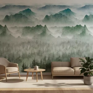 Self Adhesive Eco-Friendly Silk Mural Waterproof Fog Green Mountain Landscape Modern Wallpaper for Home Wall