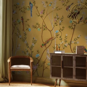 Self Adhesive Eco Friendly Silk Paper Waterproof Chinoiserie Mustard Yellow Birds Flower Branches Modern Wallpaper for Home Wall
