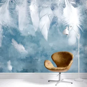 Self Adhesive Embossed Waterproof Soft White Feather Wall Mural Blue Mist Wallpaper
