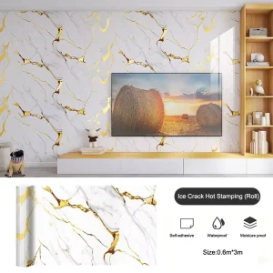 Self-Adhesive Gold Foil Hot-Stamping Roll Tile Stickers Waterproof Moisture-Proof Wallpaper for Bathroom Living Room Wall Decor