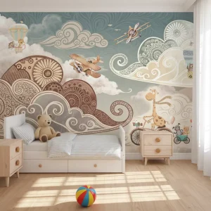 Self Adhesive Modern Embossed Anti-static Waterproof Kids Room Wallpaper Beige Cloud Airplane Animal Sky Journey Mural