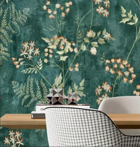Self Adhesive Peel and Stick Wallpaper Teal Green Floral Botanical Vintage Wall Sticker for Living Room