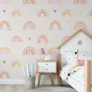 Self-Adhesive Rainbow Cloud Wallpaper for Kids Room Pink Cartoon Wall Mural for Girls Bedroom Eco-Friendly Nursery Decor