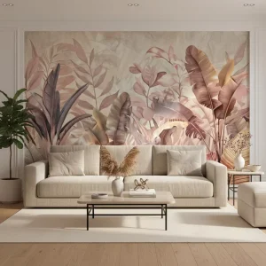 Self Adhesive Waterproof 3D Paper Tropical Plant Branches Tree Leaves Wallpaper Mural for Living Room with Easy DIY Installation