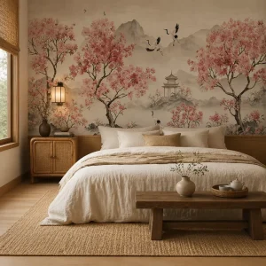 Self Adhesive Waterproof Chinoiserie Cherry Blossom Crane Mural Peel and Stick Asian Landscape Wallpaper for Home Wall Decor