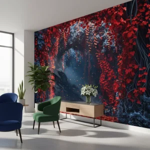 Self Adhesive Waterproof Eco-Friendly 3D Paper Home Wall Decoration Fiery Red Leaves Drooping Branches Arched Plant Landscape