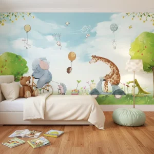Self Adhesive Waterproof Eco Friendly Kids Living Room Wall Mural Easy DIY Custom Size Spring Bright Sunshine Elephant Giraffe