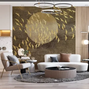 Self Adhesive Waterproof Eco Friendly Living Room Wall Covering Decoration Dark Brown Texture Golden Moon Bird Night Landscape