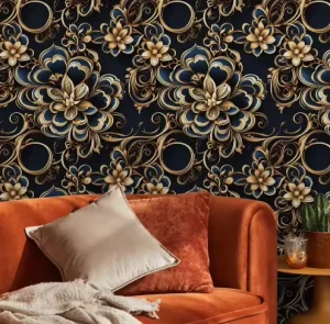 Self Adhesive Waterproof European Style Large Pattern Blue Black Gold Flower Background Decorative Wallpaper Home Wallpaper