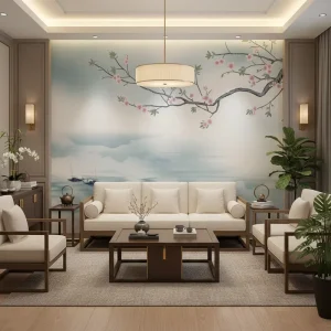 Self Adhesive Waterproof Home Indoor Wall Decoration Fishing Boats Flower Branches Lake Scenery Chinese Wallpaper Mural