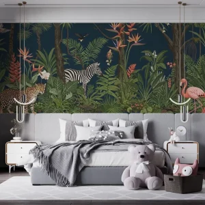 Self Adhesive Waterproof Home Indoor Wall Decoration Tropical Plant Jungle Mural Leopard Zebra Flamingo Birds Wallpaper
