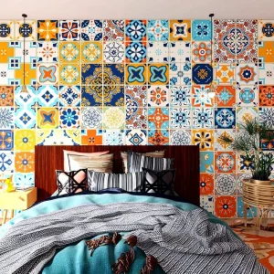 Self-Adhesive Waterproof Home Room Wall Decoration Moroccan Orange and Blue Mosaic Tile Pattern Wall Mural