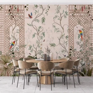 Self-Adhesive Waterproof Home Wall Covering Decoration Tropical Plant Palm Leaves Parrot Vintage Floral Bird Wallpaper Mural