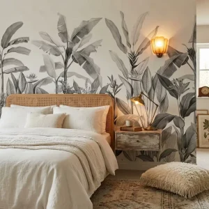 Self Adhesive Waterproof Home Wall Decor Vintage Monochrome Tropical Plant Murals Black White Botanical Wallpaper