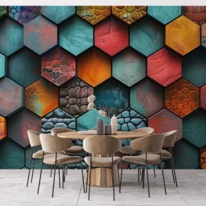 Self Adhesive Waterproof Home Wall Decoration 3D Textured Colorful Hexagonal Geometric Wallpaper Mural