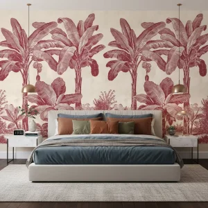 Self Adhesive Waterproof Home Wall Decoration Creamy Texture Wine Red Banana Tree Wallpaper Mural