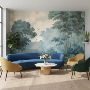 Self Adhesive Waterproof Home Wall Decoration Dimly Lit Sky Peaceful Forest Landscape Mural Wallpaper
