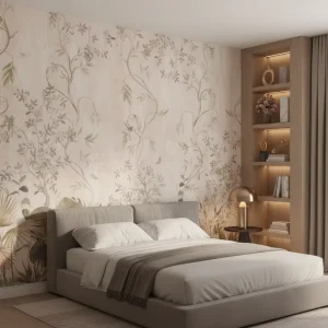 Self Adhesive Waterproof Home Wall Decoration Light Beige Palm Leaves Branches Butterfly Mural Wallpaper