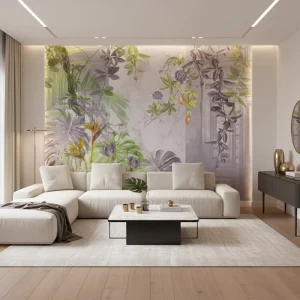 Self Adhesive Waterproof Home Wall Decoration Light Purple Exotic Tropical Plant Flowers and Leaves Mural Wallpaper