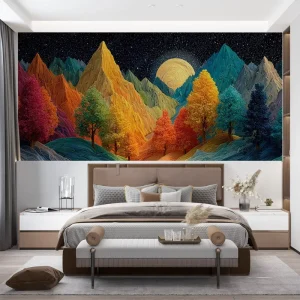 Self Adhesive Waterproof Home Wall Decoration Night Landscape Colorful Mountains Trees 3D Art Mural Wallpaper