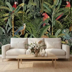 Self Adhesive Waterproof Home Wall Decoration Tropical Plants Parrot Wallpaper Mural