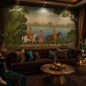 Self Adhesive Waterproof Indian Miniature Hunting Scene Wall Mural Tropical Lake Peel and Stick Wallpaper Wall Decor
