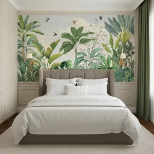 Self Adhesive Waterproof Modern Jungle Birds Banana Tree Botanical Wallpaper Mural Easy DIY for Living Room Wall Decoration