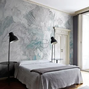 Self Adhesive Waterproof Modern Paper Mural Wallpaper with Natural Grayblue Watercolor Leaves for Bedroom Living Room Decoration