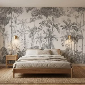 Self Adhesive Waterproof Monochrome Tropical Jungle Mural Wallpaper for Home Bedroom Wall Decoration