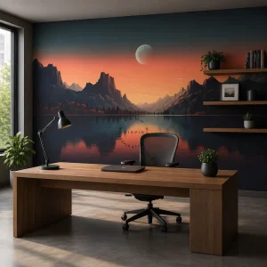 Self Adhesive Waterproof Moonlit Mountain Lake Reflection Mural Peel and Stick Sunset Landscape Wallpaper for Home Wall Decor