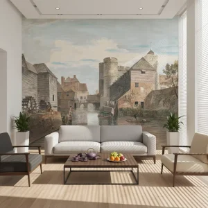 Self Adhesive Waterproof Mural European Medieval River Side Ancient Buildings Wallpaper for Home Wall Decoration