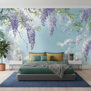 Self Adhesive Waterproof Paper Bedroom Wall Covering Decoration Easy Blue Sky White Cloud Purple Wisteria Flower Mural Wallpaper