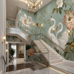 Self Adhesive Waterproof Paper Chinoiserie Egret Peony Floral Wall Mural Easy Luxury Wallpaper for Residential Wall Decor