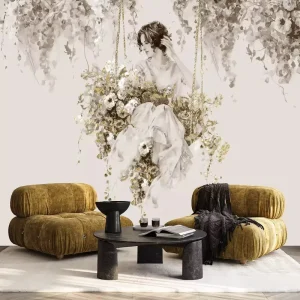 Self Adhesive Waterproof Paper Modern Living Room Beige Background Beautiful Woman Take Flowers Swings Wallpaper Mural