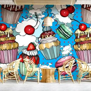 Self Adhesive Waterproof Pop Art Cupcake Macaron Mural Wallpaper Retro Comic Style Sweet Dessert Wall Decor for Ice Cream Shop