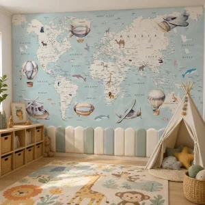 Self Adhesive Waterproof Whimsical Watercolor Cartoon Animal Airship Map Wallpaper Mural for Kid’s Room Wall Decor