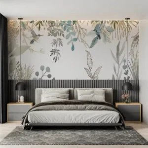 Serene Bird Non Woven Mural Custom Size Watercolor Botanical Wall Art for Calming Bedroom Living Room B1Fire Resistant